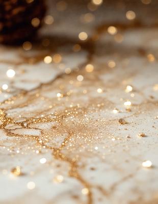 The primary subject of the image is a table with a gold-colored substance, possibly glitter or gold paint, spread across its surface. The setting is a table, and the visual style appears to be a photo. The colors and mood of the image are predominantly gold and shiny, creating a warm and luxurious atmosphere.