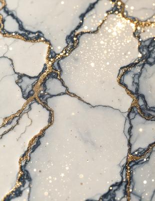 The primary subject of the image is a marble countertop with a gold and blue pattern. The setting is a kitchen, and the visual style is a photo. The dominant colors are gold and blue, creating a luxurious and elegant atmosphere.