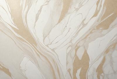 The primary subject of the image is a marble-like pattern on a wall. The setting is a room with a white wall, and the visual style appears to be a combination of a photo and digital art. The dominant colors are white and gold, creating a warm and elegant atmosphere.