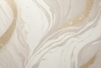 The primary subject of the image is a marble-like pattern with a gold and white color scheme. The setting is a white wall, and the visual style appears to be a combination of a photo and digital art. The colors and mood of the image are elegant and sophisticated, with the gold and white elements creating a luxurious and refined atmosphere.
