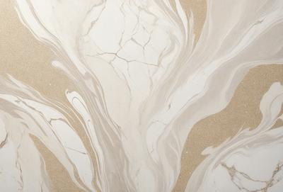 The primary subject of the image is a marble wall with a patterned design. The setting is a room with a marble floor, and the visual style is a combination of photo and digital art. The dominant colors are white and beige, creating a clean and elegant atmosphere.