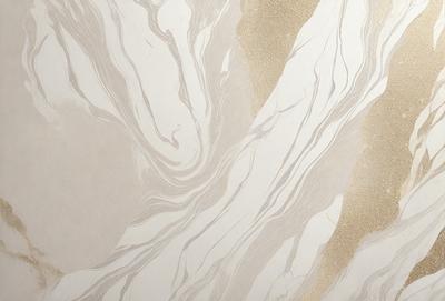 The primary subject of the image is a marble wall with a patterned design. The setting is a room with a white background. The visual style is a combination of photo and digital art, creating a unique and intricate pattern. The dominant colors are white and gold, giving the wall a luxurious and elegant appearance.