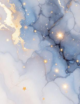 The primary subject of the image is a blue and white marble-like surface with gold stars and a gold background. The setting is a blue and white marble-like surface with gold stars and a gold background. The visual style is a digital art or illustration. The dominant colors are blue, white, and gold, creating a serene and elegant atmosphere.