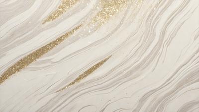 The primary subject of the image is a marble-like surface with a gold glittery pattern. The setting is a white background, and the visual style appears to be a combination of a photo and digital art. The colors and mood of the image are predominantly white and gold, creating a luxurious and elegant atmosphere.