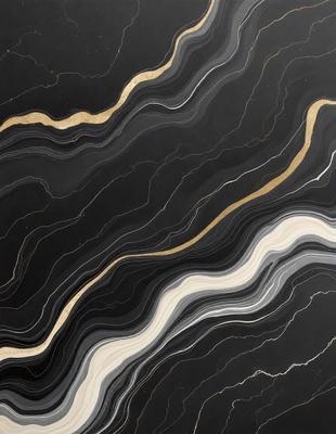 The primary subject of the image is a black and gold marble countertop. The setting is a kitchen, with the countertop being the main focus of the scene. The visual style is a close-up of the marble countertop, showcasing its intricate patterns and textures. The dominant colors are black and gold, creating a luxurious and elegant atmosphere.