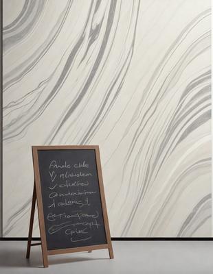 The primary subject of the image is a chalkboard with writing on it. The writing appears to be a list of words, possibly related to a project or study. The setting is a room with a marble wall, which serves as the backdrop for the chalkboard. The visual style of the image is a photo, capturing the details of the chalkboard and the marble wall. The colors and mood of the image are predominantly neutral, with the marble wall and chalkboard providing a sense of organization