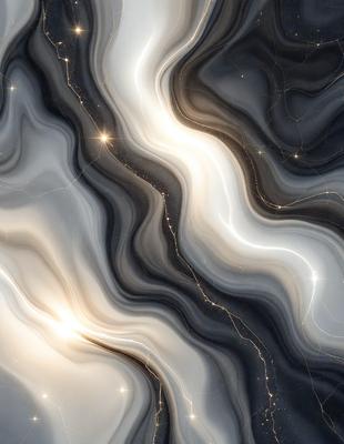 The primary subject of the image is a marble-like pattern with a black background. The setting is a dark room, and the visual style appears to be a combination of a photo and digital art. The colors and mood of the image are predominantly dark, with a few bright spots, such as the light shining through the pattern.