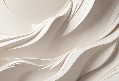 The primary subject of the image is a large, white, curved wall with a flowing, swirling pattern. The setting is a white room, and the visual style appears to be a combination of digital art and illustration. The dominant colors are white and beige, creating a clean and calming atmosphere.