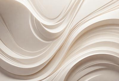 The primary subject of the image is a large, white, curved wall with a textured surface. The setting is a room with a white background, and the visual style appears to be a combination of a photo and digital art. The dominant colors are white and cream, creating a clean and minimalist atmosphere.