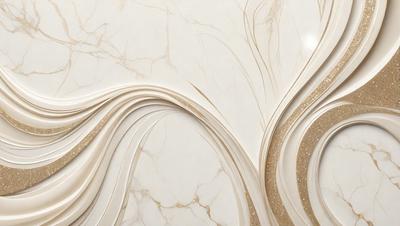 The primary subject of the image is a marble wall with a gold pattern. The setting is a room with a white background. The visual style is a combination of photo and digital art, creating a unique and elegant appearance. The dominant colors are white and gold, giving the wall a luxurious and sophisticated look.
