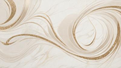 The primary subject of the image is a marble countertop with a gold and white pattern. The setting is a kitchen, and the visual style is a combination of photo and digital art. The dominant colors are gold and white, creating a luxurious and elegant atmosphere.