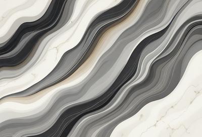 The primary subject of the image is a marble tile with a black and white pattern. The setting is a marble countertop, and the visual style is a close-up of the tile. The colors and mood of the image are predominantly black and white, giving it a classic and elegant appearance.