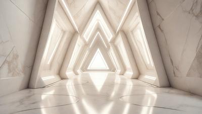The primary subject of the image is a hallway with a white marble floor. The setting is a large, open space with a white marble wall. The visual style is a photo, and the colors and mood are predominantly white, giving the scene a clean and minimalist appearance.