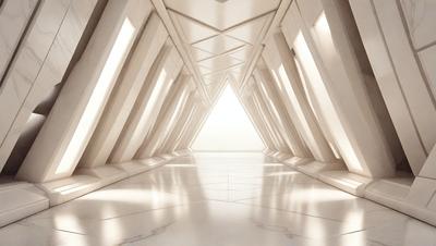 The primary subject of the image is a long, narrow hallway with a white color scheme. The setting is a white room with a row of white pillars. The visual style is a photo, and the colors and mood are predominantly white, giving the scene a clean and minimalist appearance.