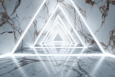 The primary subject of the image is a white marble floor with a pattern of triangles. The setting is a hallway with a marble wall, and the visual style is a photo. The colors and mood of the image are predominantly white, giving it a clean and elegant appearance.