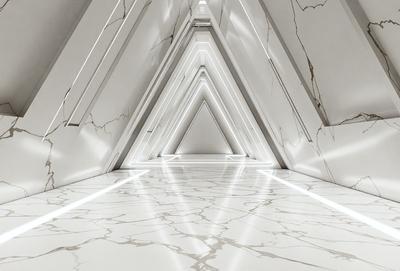 The primary subject of the image is a long, narrow hallway with a marble floor. The setting is a white room with a marble floor, and the visual style is a photo. The colors and mood of the image are predominantly white, giving it a clean and minimalist appearance.