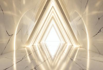 The primary subject of the image is a large, white, and shiny triangle. The setting is a white room with a marble floor, and the visual style appears to be a photo. The colors and mood of the image are predominantly white, giving it a clean and bright appearance.