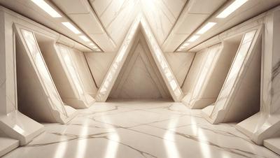 The primary subject of the image is a large, white marble wall with a pattern of three triangles. The setting is a room with a white marble floor, and the visual style appears to be a photo. The colors and mood of the image are predominantly white, giving it a clean and minimalist appearance.