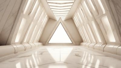 The primary subject of the image is a large white triangle, which is the main object, scene, or focus of the image. The setting is a large, open, and empty room with a white marble floor. The visual style is a photo, and the colors and mood are predominantly white, giving the scene a clean and minimalist appearance.