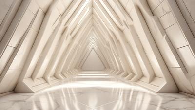 The primary subject of the image is a long, narrow hallway with a white marble floor. The setting is a large, open space with a white marble wall. The visual style is a photo, and the colors and mood are predominantly white, giving the space a clean and minimalist appearance.