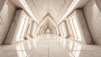 The primary subject of the image is a long, narrow hallway with a white marble floor. The setting is a large, white building with a modern design. The visual style is a combination of photo and digital art, creating a unique and intriguing atmosphere. The colors and mood are predominantly white, giving the space a clean and minimalist appearance.