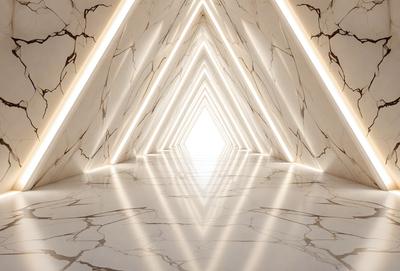 The primary subject of the image is a long, narrow hallway with a marble floor. The setting is a white marble building, and the visual style appears to be a photo. The colors and mood of the image are predominantly white, giving it a clean and minimalist appearance.