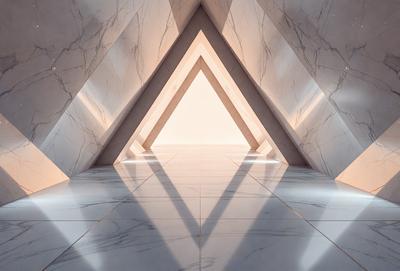 The primary subject of the image is a large, white marble wall with a triangular shape. The setting is a room with a white floor, and the visual style is a photo. The colors and mood of the image are predominantly white, giving it a clean and minimalist appearance.