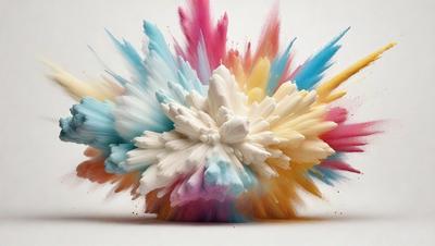 The primary subject of the image is a large, colorful, and abstract art piece. The artwork is displayed on a white surface, which serves as the background. The visual style of the image is a combination of photo and digital art, creating a unique and vibrant appearance. The dominant colors in the artwork are pink, blue, yellow, and white, giving it a lively and energetic mood.