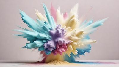 The primary subject of the image is a large, colorful, and abstract art piece. The artwork is displayed on a white surface, which serves as the background. The visual style of the image is a combination of photo and digital art, creating a unique and vibrant appearance. The dominant colors in the artwork are pink, blue, and white, giving it a lively and energetic mood.
