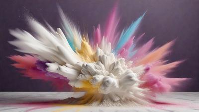The primary subject of the image is a large, colorful, and abstract explosion of paint. The setting is a white surface, possibly a canvas or a wall, where the paint is splattered and spread out. The visual style of the image is a combination of photo and digital art, creating a dynamic and vibrant scene. The dominant colors in the image are pink, yellow, and blue, giving the scene a lively and energetic atmosphere.