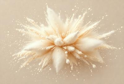 The primary subject of the image is a close-up of a white powder, possibly flour or sugar, with a flower-like shape. The setting is a white background, which provides a clean and minimalistic appearance. The visual style is a combination of a photo and digital art, as the flower-like shape is created by the white powder. The colors and mood of the image are predominantly white, giving it a clean and fresh appearance.