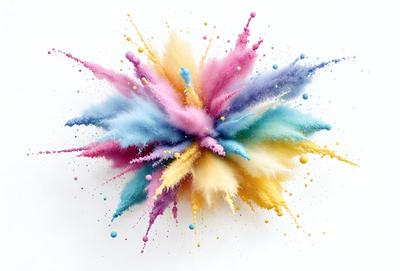 The primary subject of the image is a colorful, abstract artwork featuring a mix of colors and patterns. The setting is a white wall, which provides a clean and uncluttered background for the artwork. The visual style of the image is a combination of digital art and illustration, creating a unique and vibrant display. The dominant colors in the artwork are a mix of pink, blue, yellow, and orange, which contribute to a lively and energetic atmosphere.