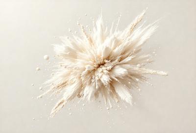 The primary subject of the image is a white, fluffy, and somewhat messy cloud. The cloud is the main focus of the image, and it appears to be floating in the air. The setting is a white background, which provides a clean and uncluttered environment for the cloud to stand out. The visual style of the image is a combination of photo and digital art, creating a unique and artistic representation of the cloud. The colors and mood of the image are predominantly white, giving it a clean and ser