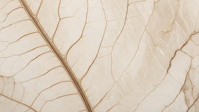 The primary subject of the image is a large, intricately designed leaf. The leaf is the main focus of the image, and it is displayed against a white background. The visual style of the image is a close-up of the leaf, showcasing its details and texture. The colors and mood of the image are predominantly neutral, with the white background and the natural tones of the leaf creating a calm and serene atmosphere.