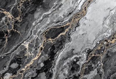 The primary subject of the image is a marble surface with a gold and black pattern. The setting is a black and white photo, giving it a classic and elegant appearance. The visual style is a close-up of the marble surface, highlighting the intricate pattern and texture. The colors and mood of the image are predominantly black and gold, creating a sophisticated and luxurious atmosphere.