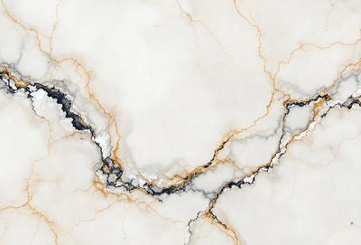 The image features a white marble surface with a yellow line running through it. The marble appears to be cracked, giving it a unique and interesting appearance. The yellow line adds a pop of color to the otherwise white and cracked surface. The overall mood of the image is somewhat dramatic and artistic, with the contrast between the white marble and the yellow line creating a visually striking scene.