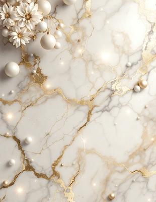 The primary subject of the image is a marble countertop with a gold-colored pattern. The setting is a kitchen, and the visual style is a combination of photo and digital art. The dominant colors are gold and white, creating a luxurious and elegant atmosphere.