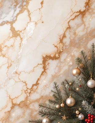 The primary subject of the image is a Christmas tree decorated with ornaments and gold tinsel. The tree is placed in front of a marble wall, which serves as the setting or background. The visual style of the image is a combination of photo and digital art, creating a festive and warm atmosphere. The dominant colors in the image are gold, white, and green, which are associated with the Christmas season and the tree's decorations.