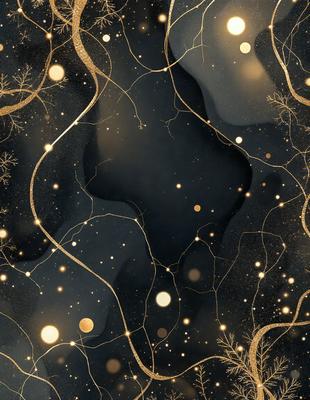 The primary subject of the image is a close-up of a black background with gold stars and lines. The setting is a dark background, and the visual style appears to be a digital art or illustration. The dominant colors are black, gold, and white, creating a mood of mystery and intrigue.