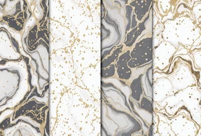 The image features a row of three marble-like tiles with different patterns. The first tile is white with gold speckles, the second tile is black and white with gold speckles, and the third tile is black with gold speckles. The tiles are arranged in a horizontal manner, showcasing the unique patterns and colors of each tile. The overall atmosphere of the image is elegant and sophisticated, with the gold speckles adding a touch of luxury and refinement to the marble-