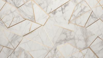 The primary subject of the image is a marble wall with a gold pattern. The setting is a room with a white marble wall, and the visual style is a close-up of the wall. The colors and mood of the image are predominantly white and gold, creating a luxurious and elegant atmosphere.