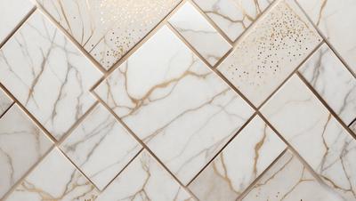 The primary subject of the image is a white marble tile with gold accents. The setting is a bathroom, and the visual style is a photo. The dominant colors are white and gold, creating a luxurious and elegant atmosphere.