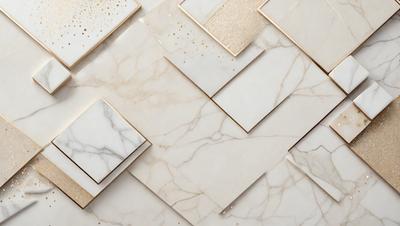 The primary subject of the image is a marble tile wall with a pattern of gold and white. The setting is a room with a white marble tile floor. The visual style is a combination of a photo and digital art, creating a unique and elegant design. The dominant colors are gold and white, giving the space a luxurious and sophisticated atmosphere.