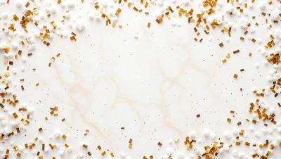 The primary subject of the image is a marble table with a heart-shaped design. The table is covered with gold confetti, giving it a festive and elegant appearance. The setting is a white marble table, and the visual style is a combination of a photo and digital art. The colors and mood of the image are warm and inviting, with the gold confetti adding a touch of luxury and sophistication.
