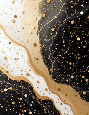 The primary subject of the image is a close-up of a gold and black marbled surface. The setting is a black background, and the visual style appears to be a combination of a photo and digital art. The dominant colors are gold and black, creating a luxurious and elegant atmosphere.