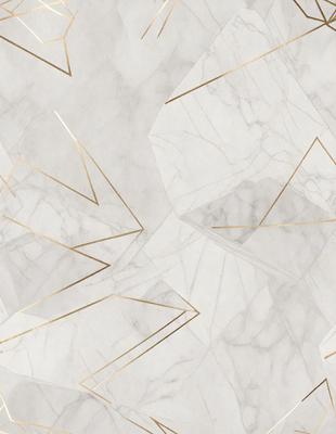 The primary subject of the image is a marble wall with a pattern of triangles. The setting is a room with a white marble surface, which gives the room a clean and elegant appearance. The visual style is a combination of digital art and illustration, creating a unique and artistic design. The dominant colors are white and gold, giving the room a sophisticated and luxurious ambiance.