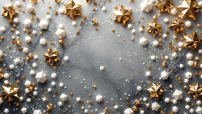 The primary subject of the image is a star-filled background with a marble-like texture. The setting is a gray background, and the visual style appears to be a combination of photo and digital art. The colors and mood of the image are predominantly white and gold, creating a warm and inviting atmosphere.