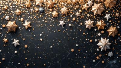 The primary subject of the image is a black background with a pattern of stars. The setting is a night sky, and the visual style is a combination of photo and digital art. The dominant colors are black and gold, creating a sense of depth and contrast. The overall atmosphere is serene and captivating, as the stars create a sense of wonder and exploration.