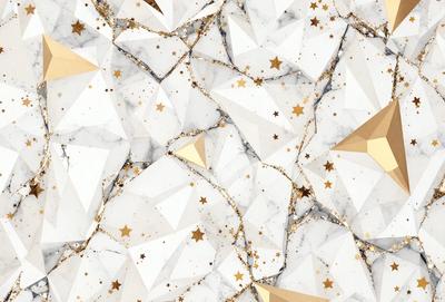 The primary subject of the image is a patterned wallpaper featuring a combination of white, gold, and black colors. The setting is a marble wall, and the visual style appears to be a mix of digital art and illustration. The overall atmosphere is elegant and luxurious, with the gold stars adding a touch of sophistication to the design.