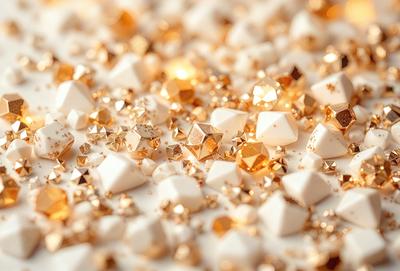 The primary subject of the image is a close-up of gold stars, which are scattered across a white surface. The setting appears to be a studio or a controlled environment, as the gold stars are arranged in a pattern. The visual style of the image is a combination of photo and digital art, creating a unique and eye-catching display. The colors and mood of the image are predominantly gold and white, giving it a warm and inviting atmosphere.